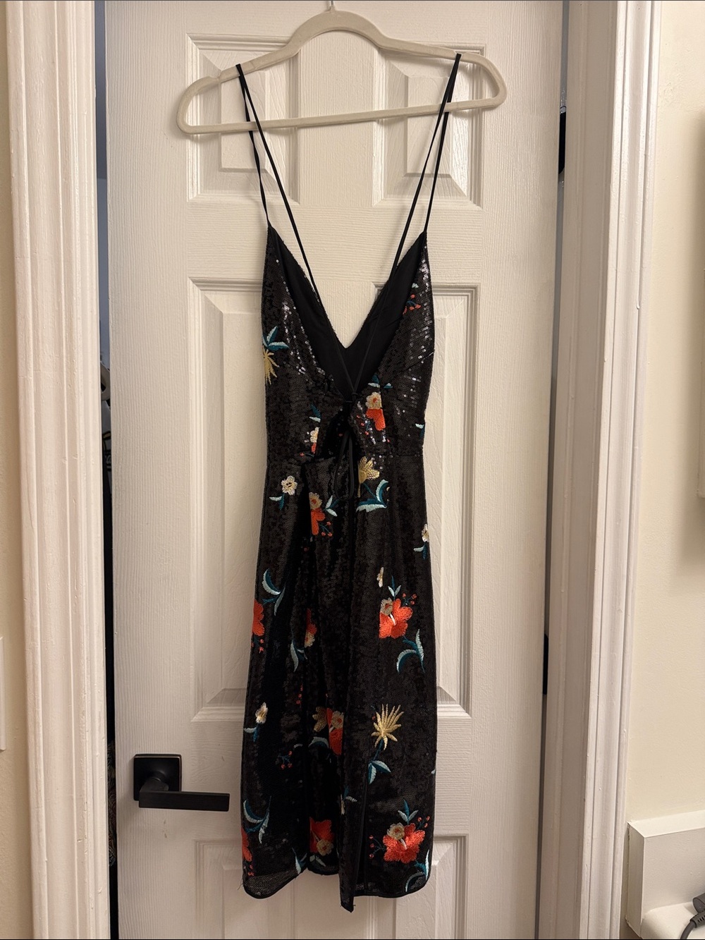 Lovers + Friends Black Sequin Midi Slip Dress with Floral Embroidery